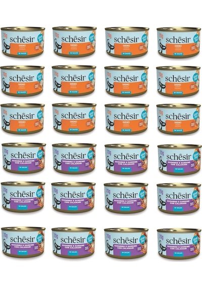 Schesir 2 Çeşit Karma Sardalyalı Sos İçinde Tamamlayıcı Kedi Konservesi 70 G X 24 Adet