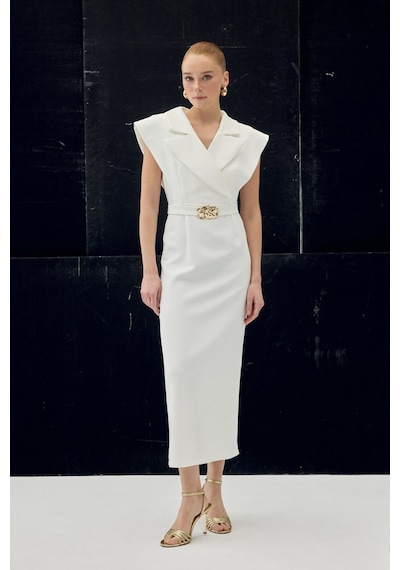 Sateen Aksesuar Detaylı Maxi Elbise - Ekru-137077 Ekru