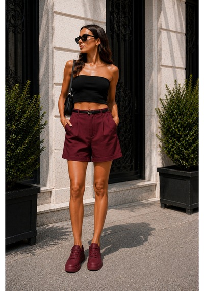 Winmoda34 Kadın Şehir Boyu Casual Şort 43 Cm Tam Boy Kemer Hediyeli Trend Model Bordo