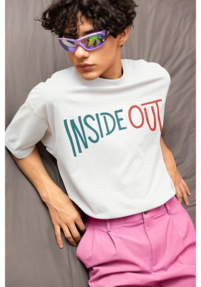 Sevbano Çizgi Film Insiide Out Baskılı Unisex Oversize Ters Yüz Tişört Beyaz
