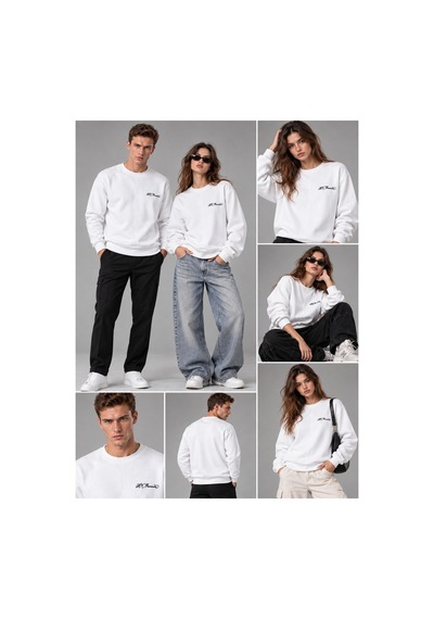 Hk Premium Sweatshirt Bisiklet Yaka Hk Premium Logolu Erkek Basic Beyaz