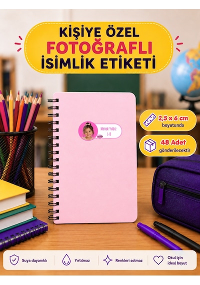 Pamuğum Atelier Kişiye Özel Fotoğraflı İsimli Okul Etiketi 48 Adet Çok Renkli