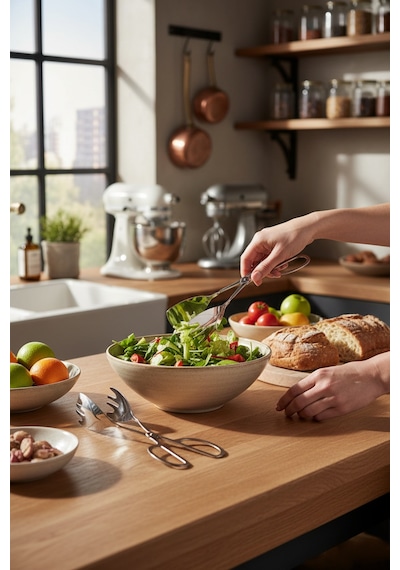 Akayev Aurea 3lü Premium Pasta Salata Makarna Maşa Takımı Gümüş