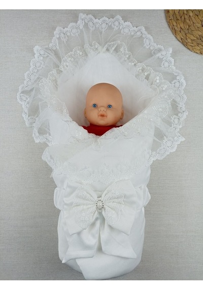 Bebek Dış Kundak Battaniyesi Dantelli Lüks Bebek Kundağı Unisex Hastane Çıkışı Mevlütlük Battaniye Ekru