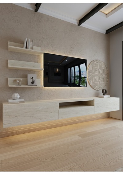Resital Ledli Duvara Monte Tv Sehpası - Traverten - W6018-8 Traverten