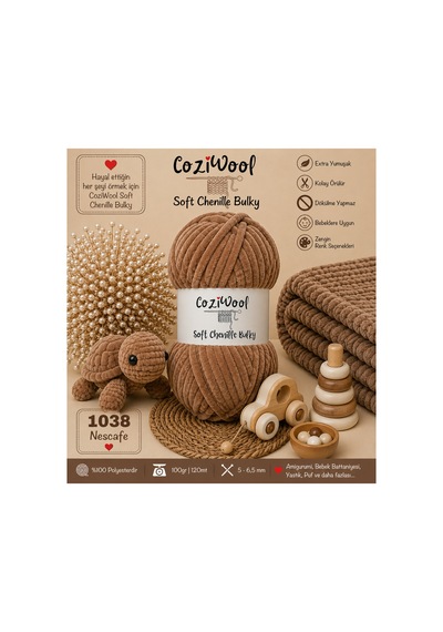 Kadife İp Soft Chenille Bulky 5'li Paket 5x100 Gr 120 Mt El Örgü İpi Nescafe - 875823131