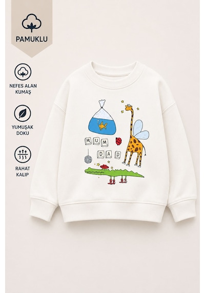 Monila Erkek Çocuk 3 İplik Kumaş Zürafa Baskılı Pamuklu Sweatshirt Ekru