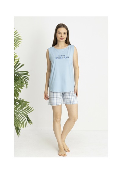 Estiva Kadın Kareli Alt Desenli Mavi Kolsuz Şortlu Penye Lycra Pijama Takımı Çok renkli