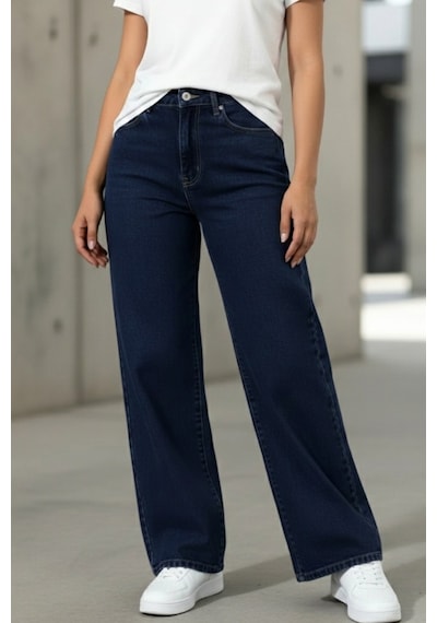 Woddi Nova Kadın Yüksek Bel Lacivert Salaş Jeans Wide Leg Geniş Paça Palazzo Kot Pantolon