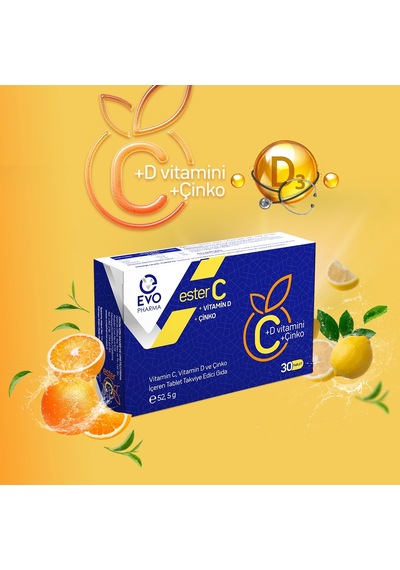 Evopharma Ester C Vitamin D Vitamin C ve Çinko İçeren Takviye Gıda 30 Tablet