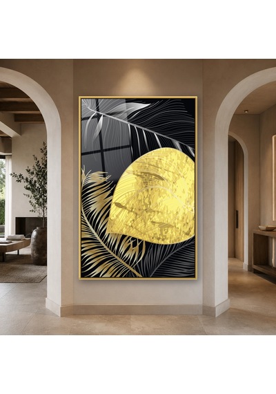 Altın Yapraklar Ve Altın Daire Gold Çerçeveli Cam Tablo