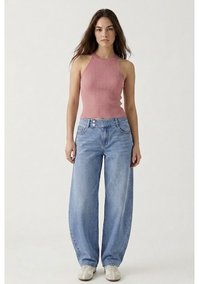 Neden Tekstil Kadın Fitilli Halter Yaka Crop Bluz - Pembe