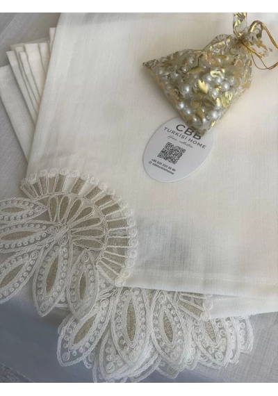 Bezos Sofra Takımı Lady Gardenya Keten Yemek Takımı 160x220 Masa Seti 26 Parça Runner Set Kreme Gold Bezos1