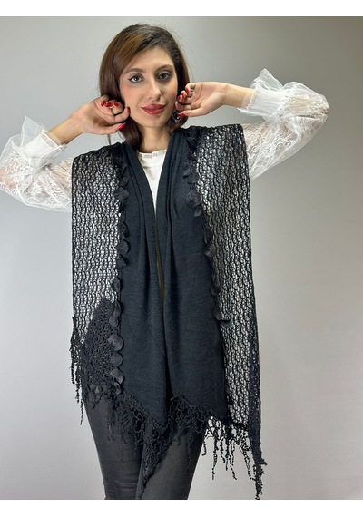 Gönülden Tasarım 170x45 Cm Siyah Triko Parlak Püsküllü Kadın Fular Şal Renkli
