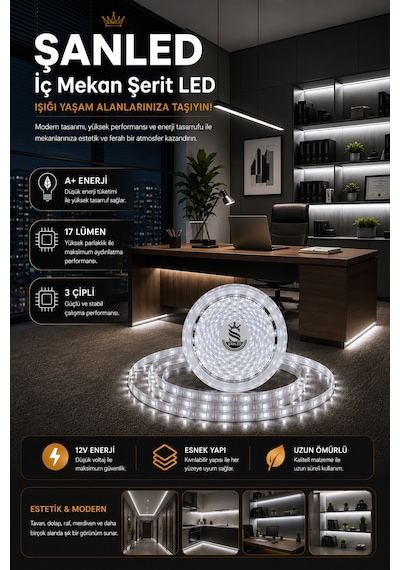 3 Çipli Şerit Led Beyaz Işık Rengi 12v 5 Metre