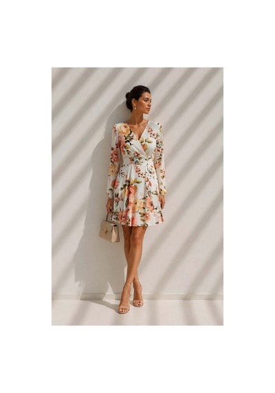 DefyModa Kadın Bohem Kruvaze Yaka Mini Uzun Kollu Abiye Elbise Çok Renkli