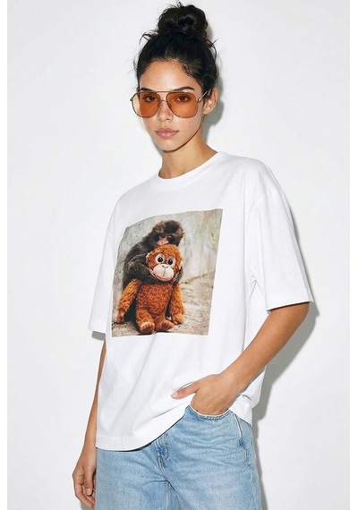 Shade Kadın Pamuk Bisiklet Yaka Maymun Punch Baskılı Oversize T-shirt Öt261035 60286081 - Beyaz Standart