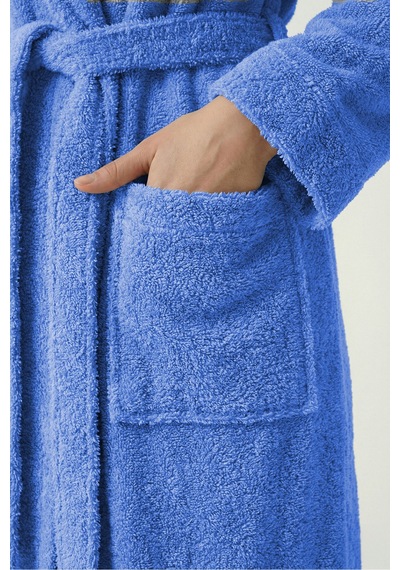 %100 Pamuklu Unisex Bornoz Şalyaka Cepli Büyük Beden 3xl 4xl Erkek Kadın Bornoz Mavi