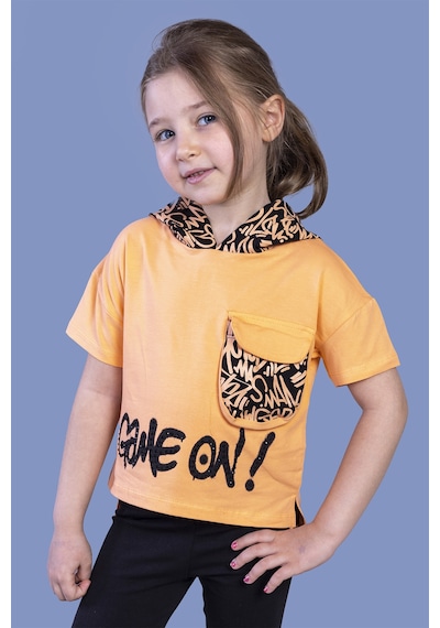 Toontoy Kids Toontoy Kız Çocuk Cep Detaylı Kapüşonlu Baskılı Tişört Turuncu