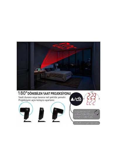 Valkyrie Rgb Işıklı Projeksiyonlu Dijital Alarm Saat 17 Modlu Led Ekranlı Çalar Saat Siyah