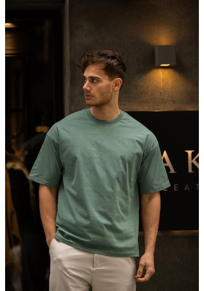Gravel Oversize Bisiklet Yaka Pamuklu T-shirt - Su Yeşili Su Yeşili