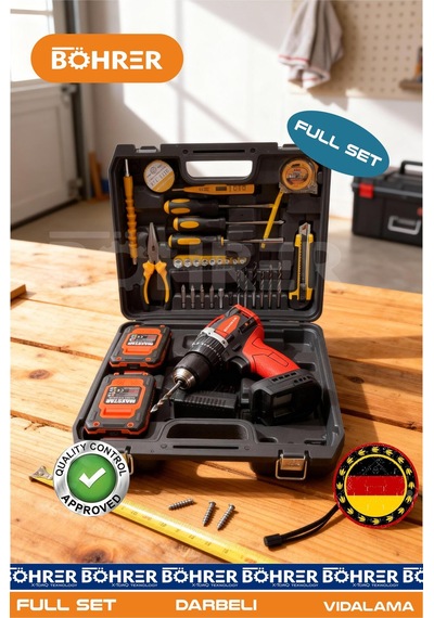 Böhrer Ba011183 Çift Akülü +32 Parça Full Set Penseli Model Darbeli Kömürsüz Çift Akülü Yeni Nesil Vidalama Matkap