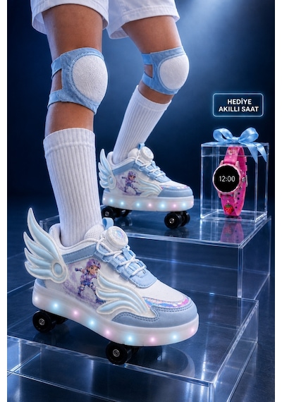 Muggo Wıngs Çocuk Kanat Detaylı Işıklı Patenli Tekerlekli Sneaker Spor Ayakkabı Mavi