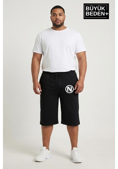 Süperlife Büyük Beden Erkek N Baskılı Şort Rahat Kalıp Basic Penye 3xl-6xl Spr26bsr591-19 Siyah