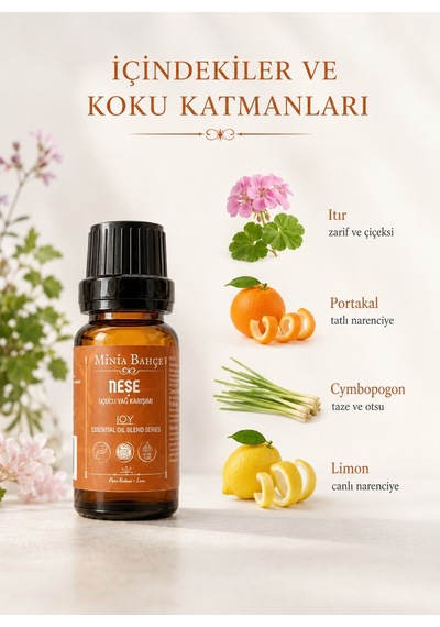 Minia Bahçe  Neşe Joy Uçucu Yağ Karışımı Itır Tatlı Portakal Aromatik Çim ve Limon Yağları 10 ML