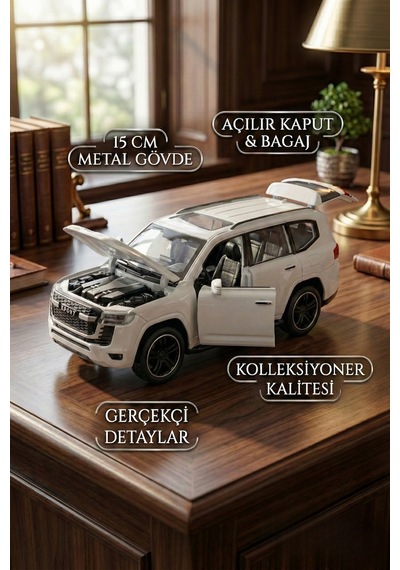 1:32 Metal Çek Bırak Lüks Arazi Aracı Toyota Land Cruiser Model Oyuncak Araba - Sesli Işıklı Beyaz