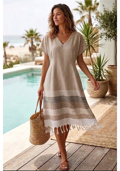 Trendol Fashion Life Deniz /plaj Elbisesi / Açık Kahve / Kimono /peştemal Ekru Ekru