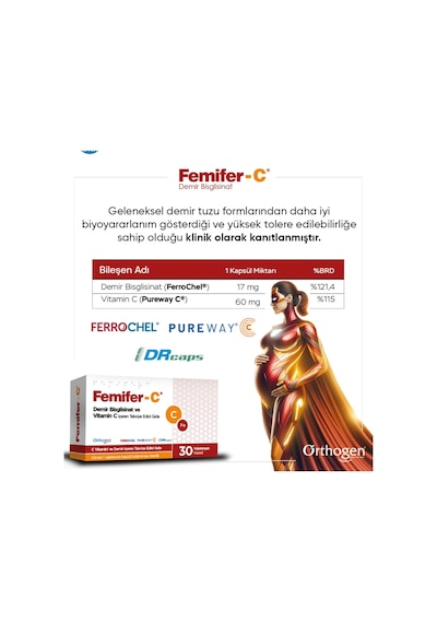 Femifer-c Demir Bisglisinat Ve Vitamin C İçeren Takviye Edici Gıda 30 Vejeteryan Kapsül