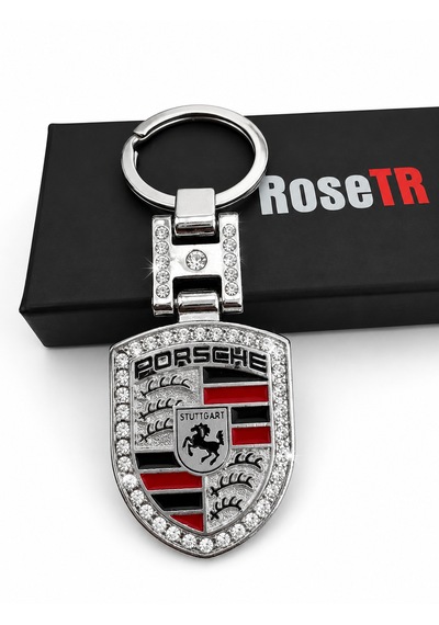 Porsche İle Uyumlu Lüks Taşlı Metal Silver Anahtarlık Aksesuar Panamera Macan Taycan 911