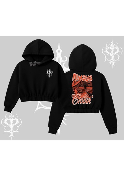Startmore Always Chillin Kedi Arka Baskılı Kapşonlu Crop Sweatshirt Siyah