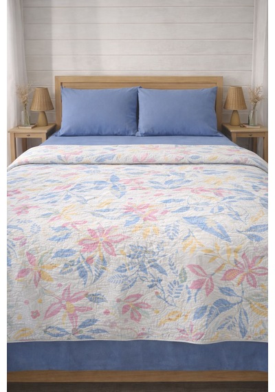 Faralya Life Baskılı Çift Kişilik Pike Takımı 200x220 Cm Pike 240x260 Çarşaf 2 Adet 50x70 Yastık Kılıfı %100 Pamuk Yumuşak Dokulu Yatak Örtüsü Seti Mavi