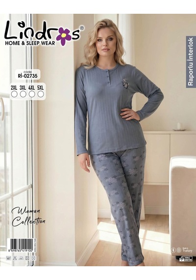 Boyraz Lindros Kadın Düğme Yaka Raporlu İnterlok Kışlık Battal Pijama Takımı 02735 - 1 Adet Füme Boyraz Lindros Kadın Düğme Yaka Raporlu İnterlok Kışlık Battal Pijama Takımı 02735 - 1 Adet Füme
