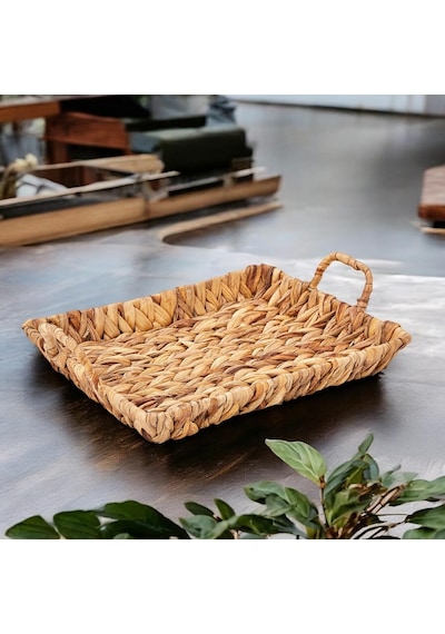 El Yapımı Su Sümbülü Hasır Kulplu Dekoratif Tepsi Büyük Boy 32cm 25cm 4cm