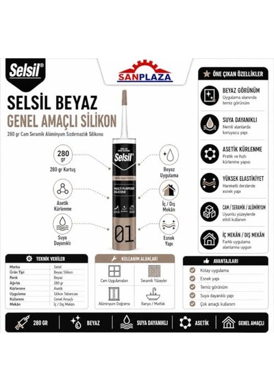 Selsil Genel Amaçlı Beyaz Silikon 280 Gr Cam Pvc Seramik Metal Banyo Mutfak Sızdırmazlık Dolgu Malzemesi 2 Adet