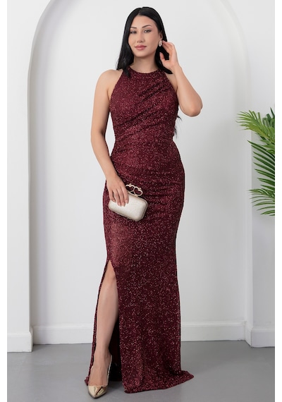 Kalopya Halter Yaka Yırtmaçlı Boncuklu Elbise 41099 Bordo