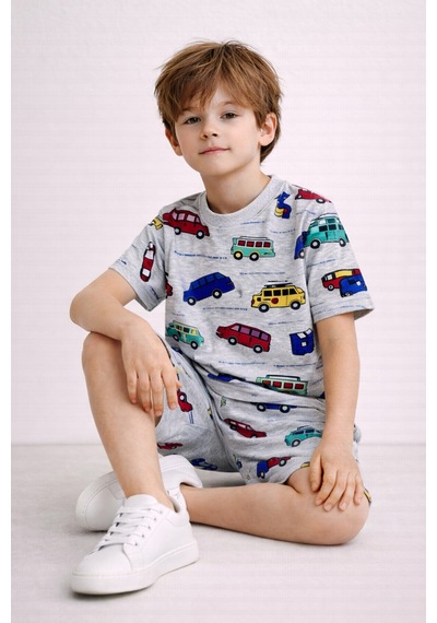 Beka Kids Erkek Çocuk Kısa Kollu Bisiklet Yaka Desenli Pijama Takımı Alt-üst Takım Gri