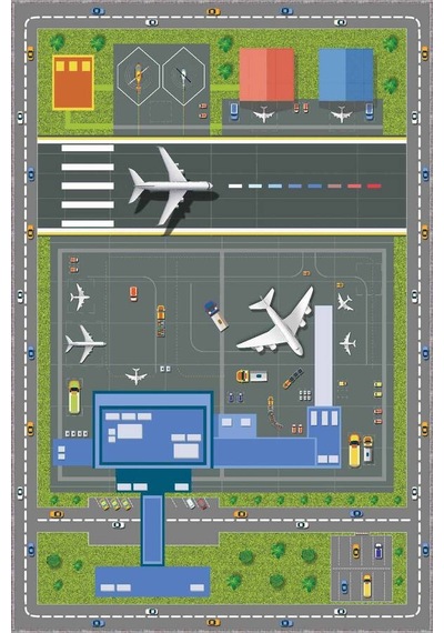 Yeşil Kaymaz Tabanlı Uçaklı Oyun Halısı Çocuk Halısı Ar292n11