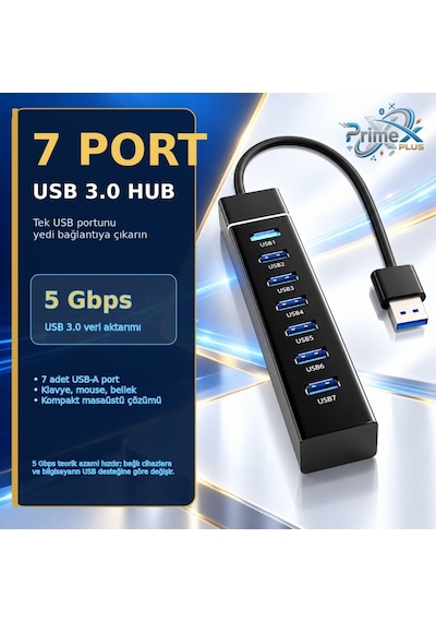 Primex Px-307 Usb 3.0 Hub 7 Port Çoklayıcı, 25 Cm Kablolu Usb Çoklayıcı Hub, Laptop Masaüstü Pc Uyumlu, Klavye Mouse Flash Bellek Ve Usb Aygıtları İçin