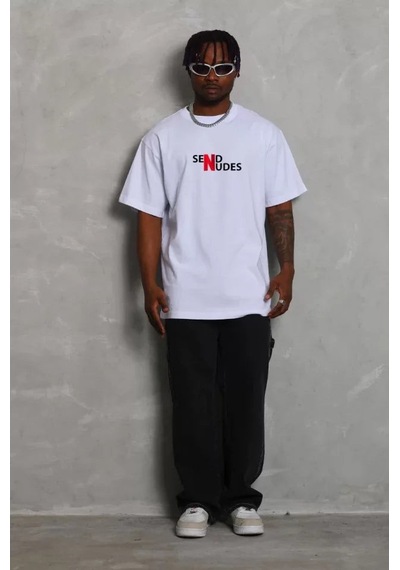 Yake Store Unisex Bisiklet Yaka Double Oversize Baskılı T-shirt - Beyaz - Beyaz