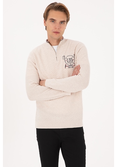 U.S. Polo Assn. Erkek Slim Fit Yarım Fermuarlı Krem Melanj Kazak 50314155-VR159