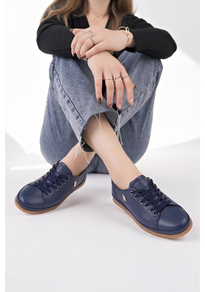 Nesilshoes Modessa 160 Laci Bağcıklı Hakiki Soft Deri Kadın Ayakkabı Lacivert