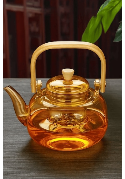 Amber Cam Demlik Ahşap Saplı Cam Filtreli Demlik 1 Litre - Isıya Dayanıklı Cam Bitki Çayı Demlik Amber
