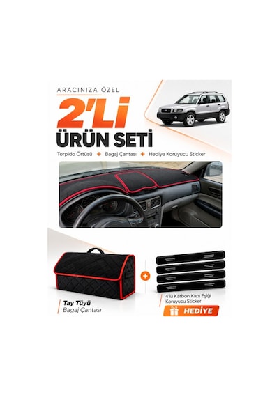 E-biz Subaru Forester 2002-2008 Uyumlu Torpido Örtüsü + Tay Tüyü Çanta - Siyah-kırmızı - Su001