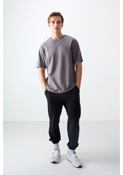 Air Jones Tommy Life Koyu Gri Pamuklu Kalın Yumuşak Dokulu Oversize Fit Basic Erkek T-shirt - 88378 Koyu Gri