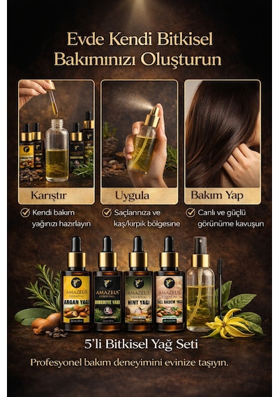 Amazeus Hızlı Uzama & Dökülme Karşıtı 7'li Bitkisel Yağ Seti Argan, Biberiye, Tatlı Badem,hint,ylang Ylang