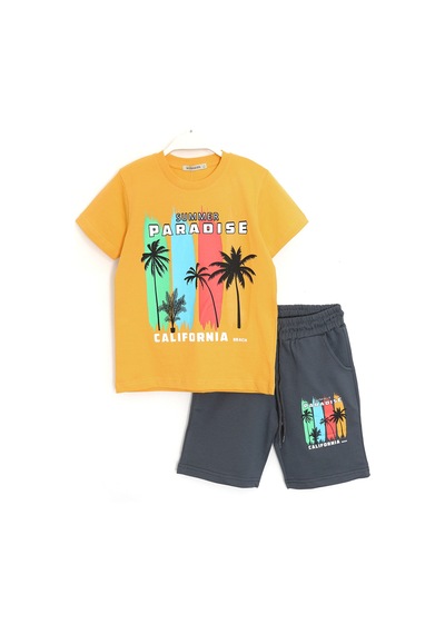 Dobakids Summer Paradise Baskılı Erkek Çocuk Şort T-shirt Takım 7-15 Yaş Sarı - Siyah